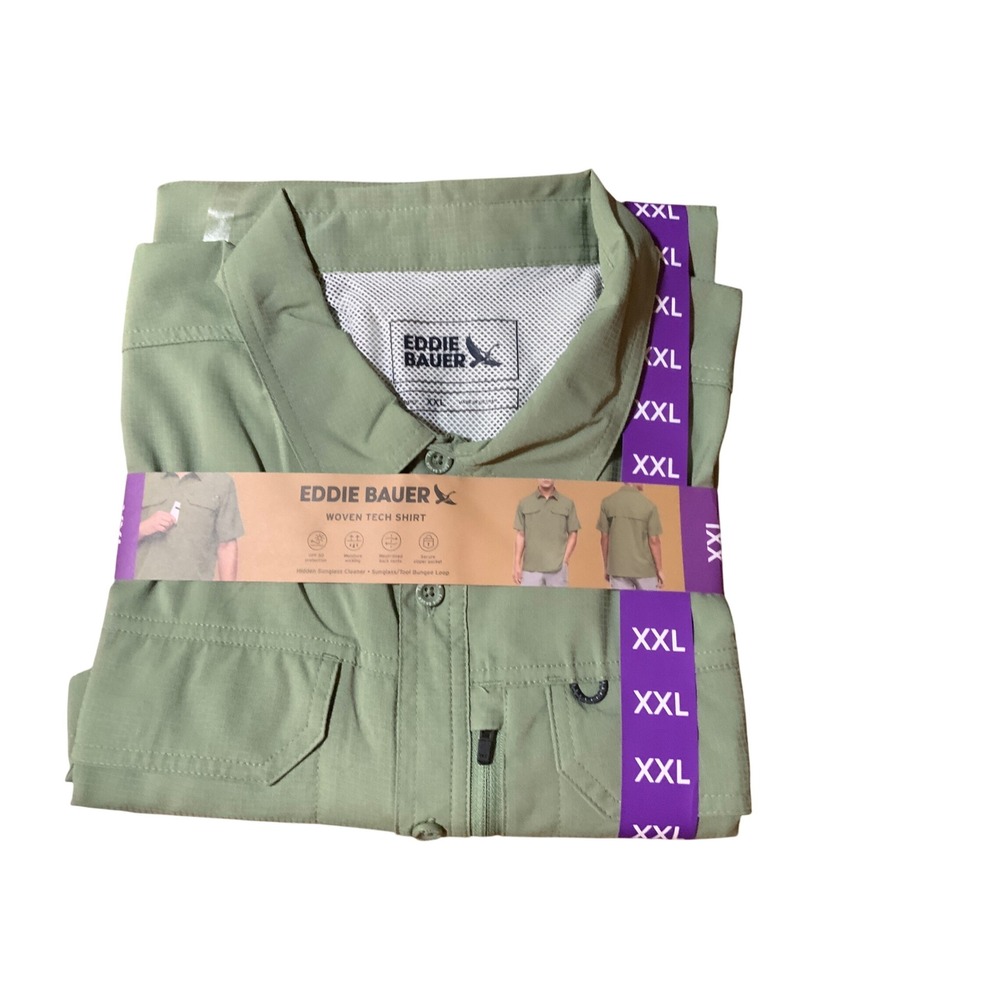 Eddie Bauer Mens XXL Woven Tech Shirt Sage Green Short Sleeve Ripstop UPF 50+